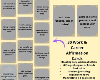 May include: A collection of 30 Work & Career Affirmation Cards. Each card features a positive affirmation in a gray box with a decorative gold border. The cards are designed to boost motivation, and are suitable for desk decor and mindset journaling.