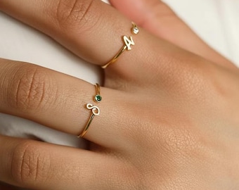 Initial Birthstone Ring • Adjustable Gold Ring • Letter Ring • Gemstone Jewelery  • Birthday Gift • Mothers Ring • Bridesmaid Gift