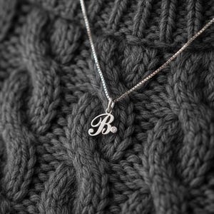 以下が含まれることがあります： 文字「B」の形をしたペンダントが付いたシルバーネックレス。ペンダントには小さなダイヤモンドが付いており、繊細なチェーンから吊り下げられています。ネックレスは、グレーのテクスチャード加工された背景に表示されています。