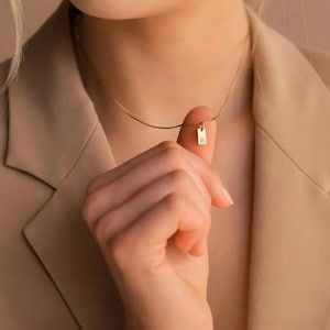 Peut inclure: Un délicat collier doré avec un petit pendentif rectangulaire portant la lettre "R". Le pendentif est suspendu à une fine chaîne. Le collier est présenté sur un fond neutre.