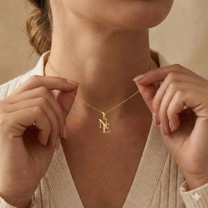 以下が含まれることがあります： 「NE」の文字が絡み合ったペンダントが付いたゴールドカラーのネックレス。 ネックレスは繊細で、細いチェーンに吊り下げられています。 ペンダントは中央に配置され、文字は様式化されています。