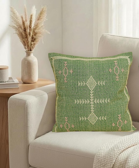 Green Handwoven Moroccan Cactus Cotton Pillow Cover: Indian Handmade Boho Kilim Cushion