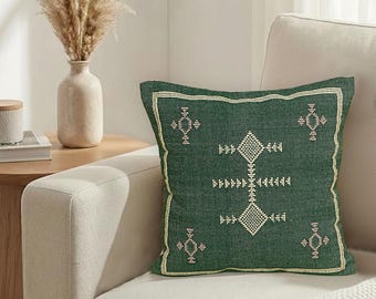 Handwoven Green Sabra Pillow Cover: Boho Cushion, Bohemian Cover