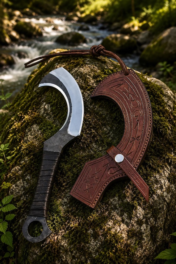 A full-tang hand-forged 5160 carbon steel bushcraft knife built for serious field use — raw, utilitarian craftsmanship that serious outdoorspeople will immediately recognize and respect.