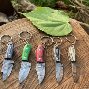 Könnte beinhalten: Fünf kleine dekorative Messer mit Schlüsselanhängern. Die Messer haben gemusterte Klingen und farbige Holzgriffe in Grün, Rot, Blau und Naturtönen. Sie sind auf einer Holzoberfläche angeordnet.