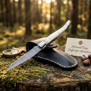Cuchillo plegable de acero de Damasco forjado a mano / Mango de hueso de camello, funda de cuero