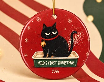 Personalized Black Cat Christmas Ornament, Litter Box Design, First Xmas 2026 (Ceramic)