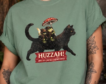 Huzzah Frog Rider Cat Shirt, Medieval Fantasy Graphic Tee for Gamers and Cat Lovers, Tabletop RPG Tee for Ren Faire Fans