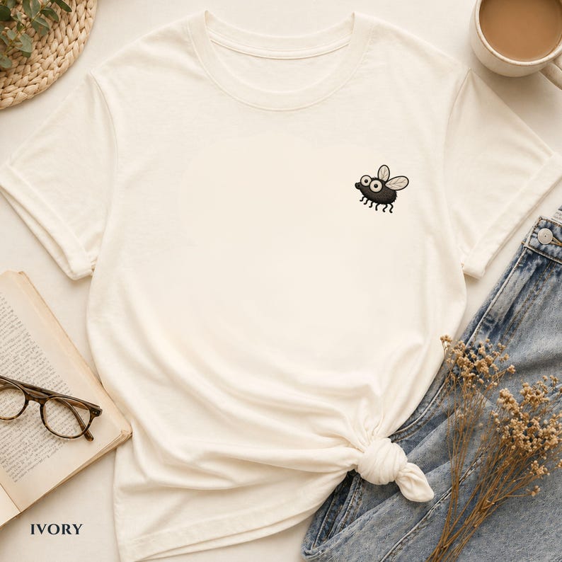 May include: Ivory-colored t-shirt featuring a small, embroidered cartoon fly on the chest. The shirt is knotted at the waist and paired with blue jeans. A book, glasses, and a cup of coffee are also visible.