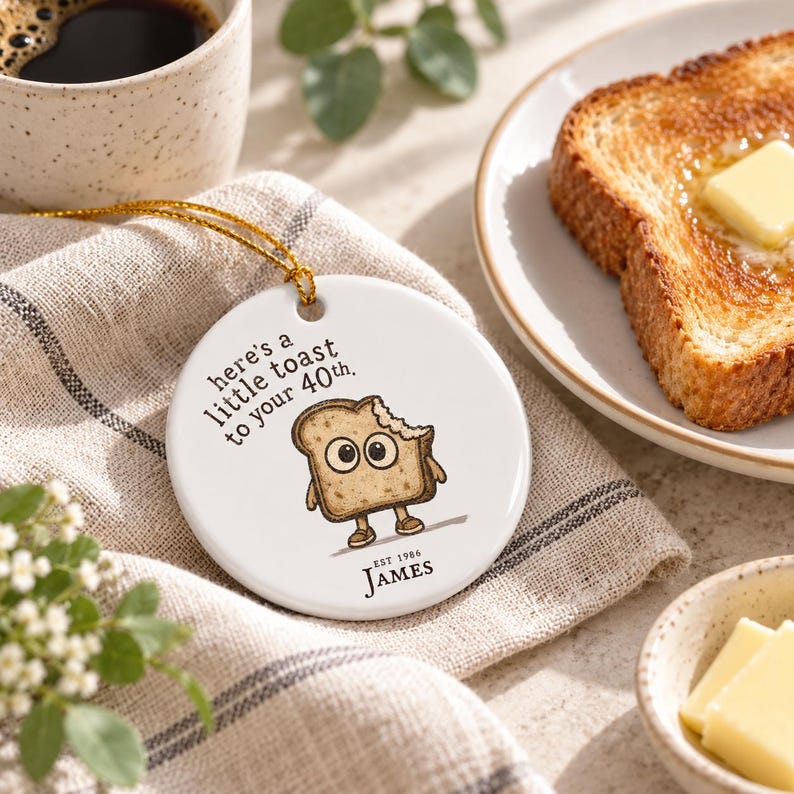 May include: A round white ceramic ornament with a gold hanging string. The design features a cartoon slice of toast with eyes and limbs, the text "here's a little toast to your 40th.", and the name "James" with "EST 1986" printed below it.