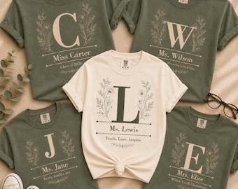 Custom Teacher Team Shirts, Floral Monogram Teacher Tee, Personalized Teacher Name Shirt, Matching Teacher Shirts, Grade Level Team Shirts