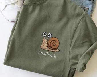 Funny Snail Shirt, Quirky Embroidered Animal Shirt, Snailed It Tee, Cute Introvert Humor Tee, Tiny Snail Embroidery Gift