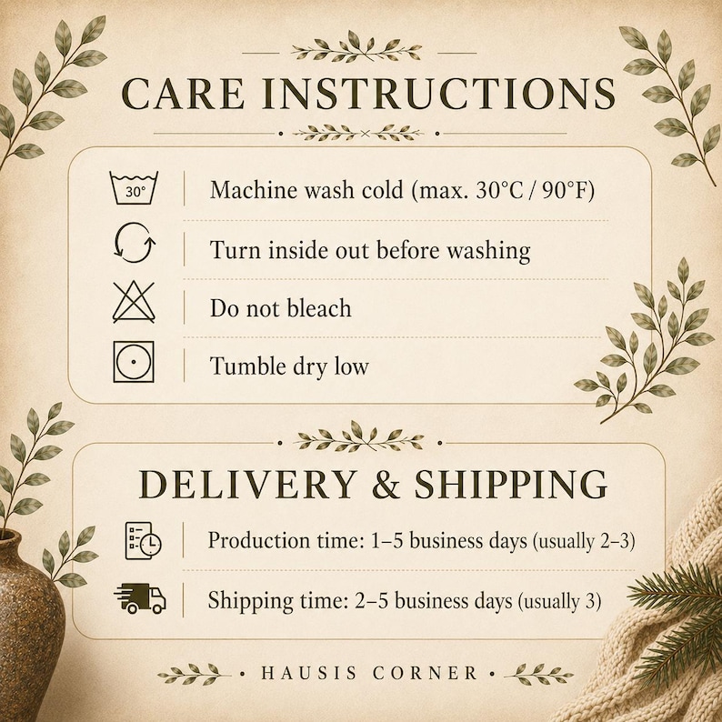 May include: A beige care instructions card with text and icons for washing. The card includes instructions for machine washing cold, turning inside out, not bleaching, and tumble drying low. The card also includes the text "HAUSIS CORNER."