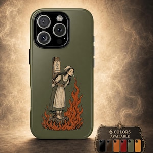 May include: An olive green phone case featuring a graphic illustration of a person tied to a wooden post with flames at their feet. The post has a sign that reads for spite & bad opinions. The person is smoking while standing in the fire.