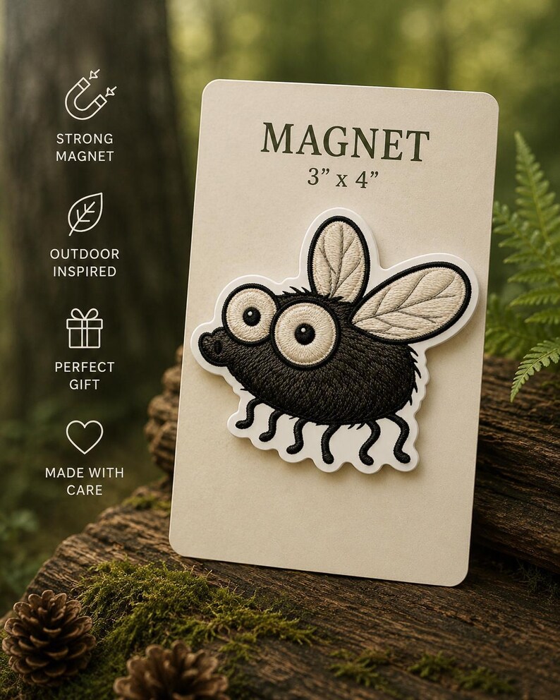 May include: A black and white fly magnet, 3" x 4", with large eyes and detailed wings, is displayed on a cream-colored card. The card has the word "MAGNET" printed at the top. The magnet is on a wooden surface.