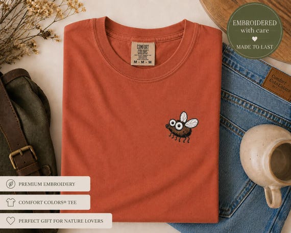 Cute Fly Embroidered Shirt, Whimsical Cottagecore Tee, Funny Insect Comfort Colors T-Shirt, Nature Lover Gift, Minimal Bug T-shirt