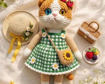 Virkat kattdockamönster PDF, Amigurumi Kitty, Grön Ginghamklänning, Solrosväska (Digital nedladdning)