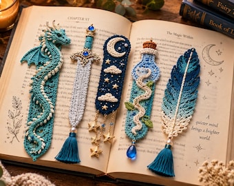 DIY Crochet Bookmark Patterns PDF: Fantasy Bundle with Dragon, Sword, Potion, Moon & Feather