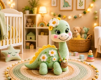 Flower Brontosaurus Crochet Pattern PDF, Amigurumi Dino Plush Tutorial