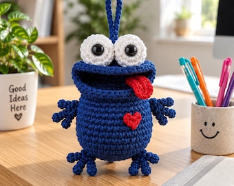 Virkat monsternyckelringsmönster, amigurumi-påse med stor mun, virkmönster för söta monster, minivirkad nyckelring, gör-det-själv-väskeberlockmönster i PDF-format