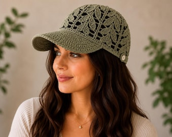 Crochet Baseball Cap Pattern, Leaf Lace Summer Hat (PDF Pattern)