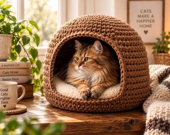 Virkat kattgrottamönster PDF, DIY kattsängmönster, virkat katthus, mysigt husdjursgrotta, virkmönster för kattsäng, direktnedladdning