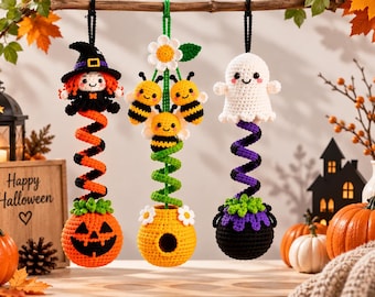 Halloween Amigurumi Virkmönster PDF | Häxa, Bi & Spöke Spiralhängande Dekorationer | Spöklikt Söt Ornament Set | Enkel Digital Nedladdning