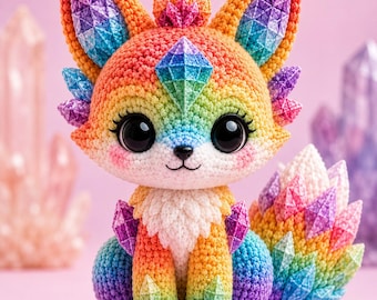Rainbow Crystal Fox Amigurumi Virkmönster PDF, Woodland Fantasy Leksak (Digital Nedladdning)