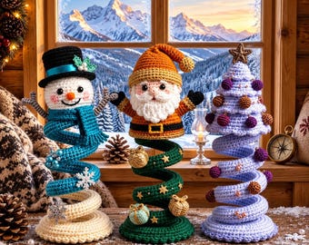 Virkmönster för julgransspiral, Snögubbe, julgran, amigurumi i PDF-format, Set med spiraldekorationer, Virkmönster för mellannivå