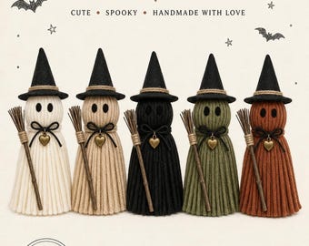 Mönster för nyckelring med Halloween-spöket och tofs i PDF-format, handgjord tofsberlock till nybörjare, tofs till väska, häxhatt och kvastberlock (PDF-nedladdning)