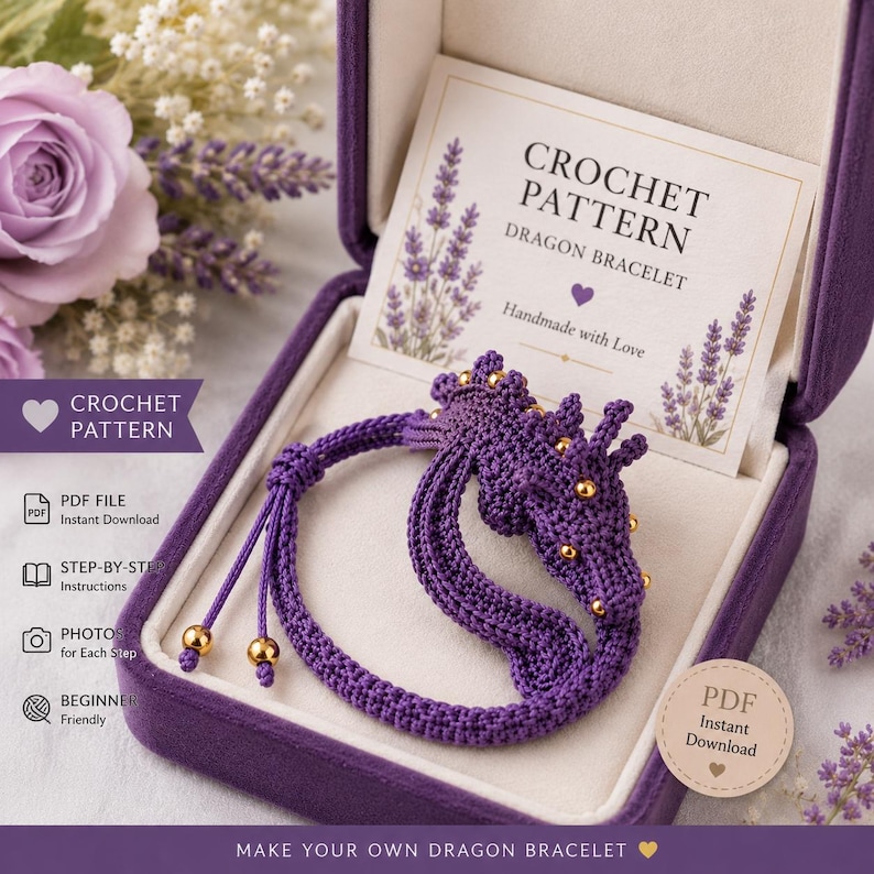 Crochet Dragon Bracelet Pattern, Amigurumi Charm Jewelry, Adjustable Macrame (PDF Pattern) image 4