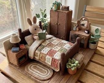 Crochet Bunny Bedroom Diorama Pattern, Miniature Dollhouse Furniture PDF