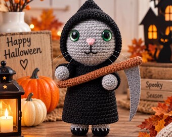 Virkmönster för Reaper-katt, Halloween-kattunge-amigurumi, Grim Liemann-plysch PDF-handledning, skelett-amigurumi-handledning, läskig virkdocka