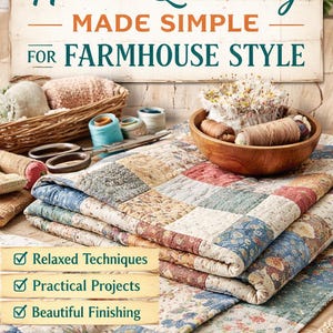 Pode incluir: Imagem de quilting manual com o texto "Hand Quilting Made Simple for Farmhouse Style." A imagem mostra uma pilha de tecido acolchoado, carretéis de linha, tesouras e uma tigela de madeira com alfinetes. O texto "Relaxed Techniques, Practical Projects, Beautiful Finishing" também é visível.