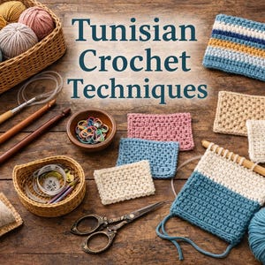 Peut inclure: Image présentant des fournitures de crochet tunisien, dont des pelotes de laine, des crochets et des échantillons. Le texte "Tunisian Crochet Techniques" est visible. Diverses couleurs sont présentes.