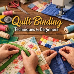 May include: A wooden table displays quilting supplies and projects. The image features spools of thread, scissors, a rotary cutter, and a sewing machine. The text reads "Quilt Binding Techniques for Beginners."