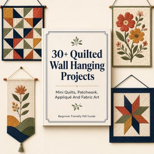 May include: A book titled 30+ Quilted Wall Hanging Projects: Mini Quilts, Patchwork, Appliqué And Fabric Art, Beginner Friendly Pdf Guide, surrounded by four distinct quilted wall hangings featuring geometric patterns and floral designs.