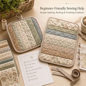May include: Two quilted potholders featuring floral fabric strips in muted tones of beige, green, and blue. A printed instruction sheet titled Beginner-Friendly Sewing Help, fabric swatches, and binding tape are arranged on a light wooden surface.
