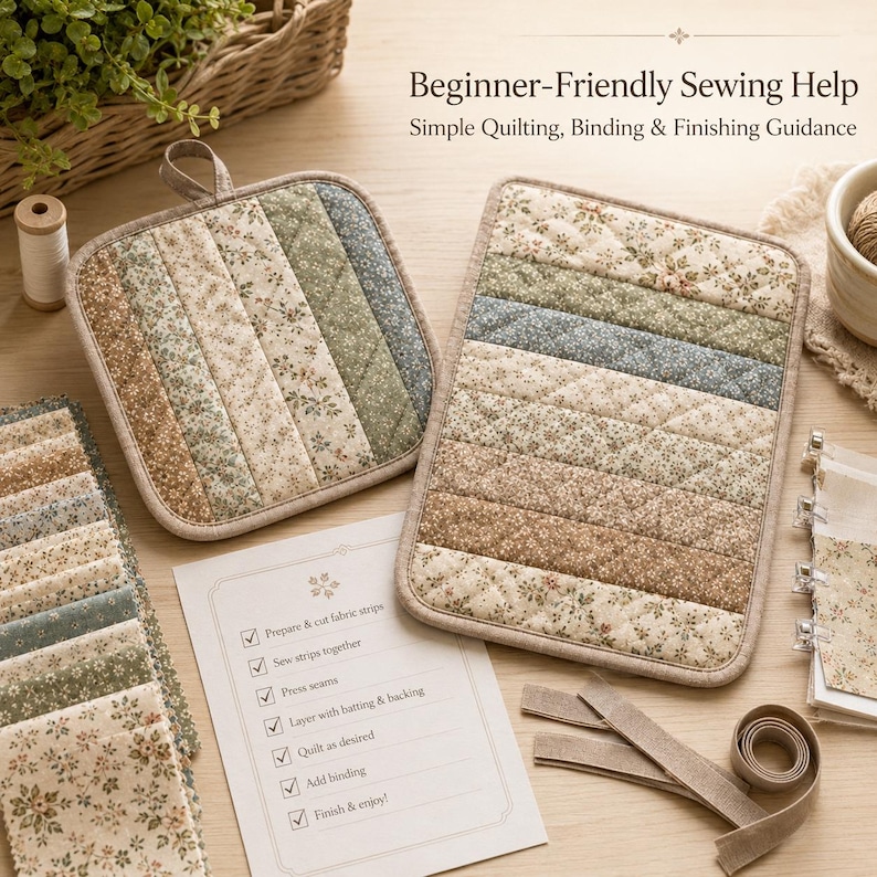 May include: Two quilted potholders featuring floral fabric strips in muted tones of beige, green, and blue. A printed instruction sheet titled Beginner-Friendly Sewing Help, fabric swatches, and binding tape are arranged on a light wooden surface.