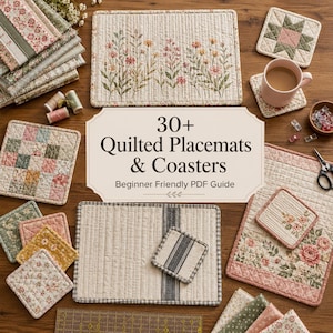 May include: A collection of quilted placemats and coasters featuring floral, plaid, and striped patterns in muted tones. A central sign displays the text 30+ Quilted Placemats & Coasters Beginner Friendly PDF Guide, with sewing supplies visible.
