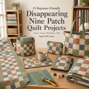 Peut inclure: Un ensemble d'articles matelassés avec un motif de neuf carrés en tissus floraux verts, bleus et rouille, comprenant un sac fourre-tout, une pochette zippée, un panier en tissu, un chemin de table, un carnet et un cutter rotatif avec règle.