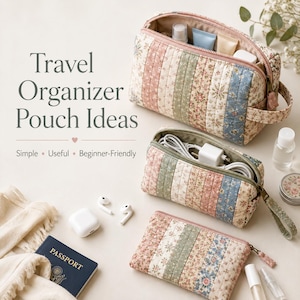 Puede incluir: Tres estuches de tela acolchada con un patr&oacute;n floral vertical en tonos rosa, verde y azul. El texto dice: Travel Organizer Pouch Ideas. Simple &bull; Useful &bull; Beginner-Friendly. Los estuches contienen art&iacute;culos de aseo, un cable de carga y un enchufe.