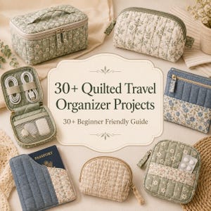 May include: A collection of quilted travel organizers in various shapes and sizes, featuring floral and solid fabric patterns. The central text reads 30+ Quilted Travel Organizer Projects, 30+ Beginner Friendly Guide. Items include pouches, a passport holder, and a tech case.