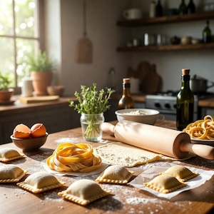 May include: A rustic kitchen scene with fresh pasta-making ingredients. Includes ravioli, fettuccine, eggs, a rolling pin, and herbs. The wooden table is dusted with flour, creating a warm, inviting atmosphere.