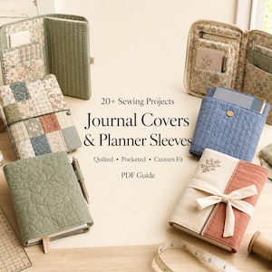 May include: A collection of quilted journal covers and planner sleeves in various colors and floral patterns. The text reads 20+ Sewing Projects Journal Covers & Planner Sleeves Quilted Pocketed Custom Fit PDF Guide. A measuring tape is visible.