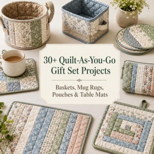 Pode incluir: Uma coleção de artigos de tecido acolchoado, incluindo uma cesta redonda, um recipiente quadrado, uma bolsa com zíper, porta-copos e jogos americanos com estampas florais em azul, verde e bege. O texto diz: 30+ Quilt-As-You-Go Gift Set Projects Baskets, Mug Rugs, Pouches & Table Mats.
