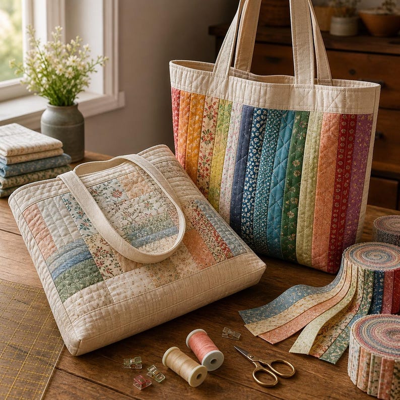 May include: Two quilted tote bags with cream-colored handles and a smaller quilted bag are displayed on a wooden surface. The bags feature colorful patchwork designs. Spools of thread, scissors, and fabric strips are also visible.