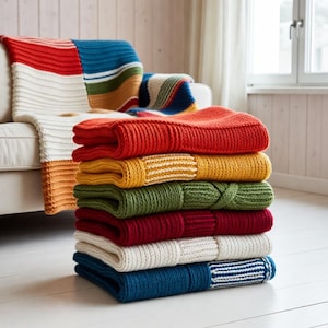 May include: A stack of colorful knitted blankets in shades of red, yellow, green, and blue. The blankets are folded and stacked on top of each other. A matching blanket is draped over the back of a white sofa. The blankets appear to be made of a thick, textured yarn.