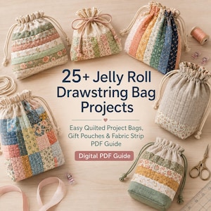 Può includere: Una guida PDF digitale intitolata 25+ Jelly Roll Drawstring Bag Projects con borse trapuntate e sacchetti regalo. L'immagine mostra sei sacchetti trapuntati con coulisse in vari motivi floreali e a righe, un paio di forbici e del filo.