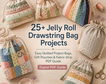 25+ Jelly Roll Drawstring Bag Projects for Beginners – Easy Quilted Project Bags, Gift Pouches & Fabric Strip PDF Guide